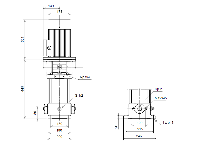 Габаритные размеры насоса Grundfos CR 8-50 A-N-A-BUBV артикул: 42685105
