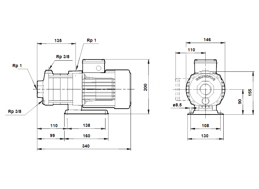 Габаритные размеры насоса Grundfos CH 2-40 A-W-A-CVBE артикул: 43501104 Габаритные размеры насоса Grundfos CH 2-40 A-W-A-CVBE артикул: 43501104