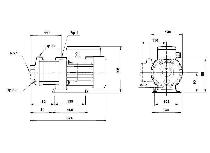 Габаритные размеры насоса Grundfos CH 2-30 A-W-A-AUUE артикул: 43562103 Габаритные размеры насоса Grundfos CH 2-30 A-W-A-AUUE артикул: 43562103