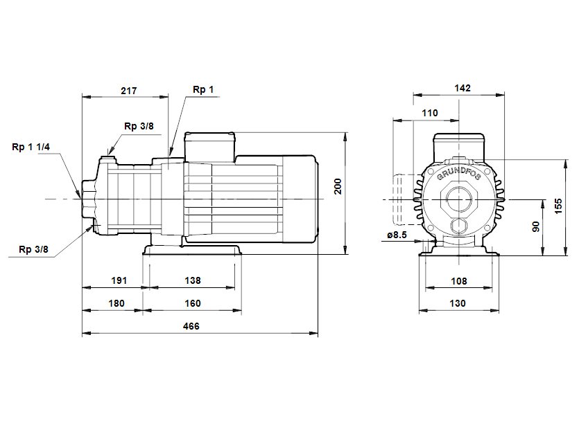 Габаритные размеры насоса Grundfos CH 4-60 A-W-A-CVBE артикул: 44501006
