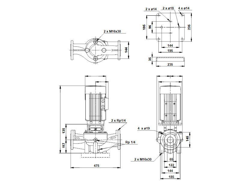 Габаритные размеры насоса Grundfos LP 65-125/117 A-F-A-BUBE артикул: 48060031