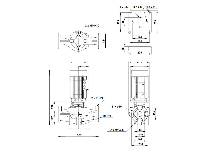 Габаритные размеры насоса Grundfos LP 80-160/149 A-F-A-BBUE артикул: 48060044