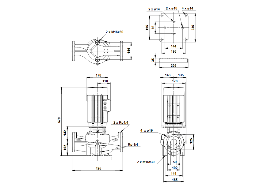 Габаритные размеры насоса Grundfos LP 50-160/165 A-F-A-BUBE артикул: 48066725
