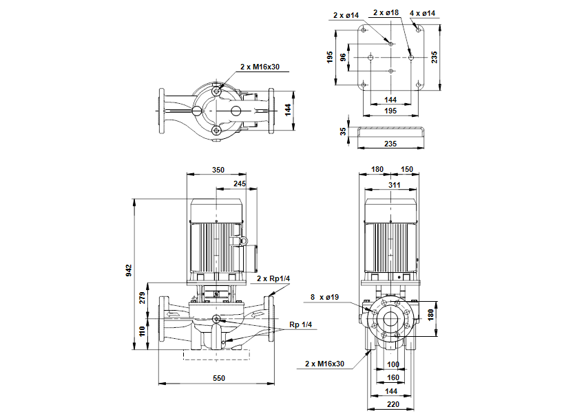 Габаритные размеры насоса Grundfos LP 100-200/183 A-F-A-BBUE артикул: 48069456