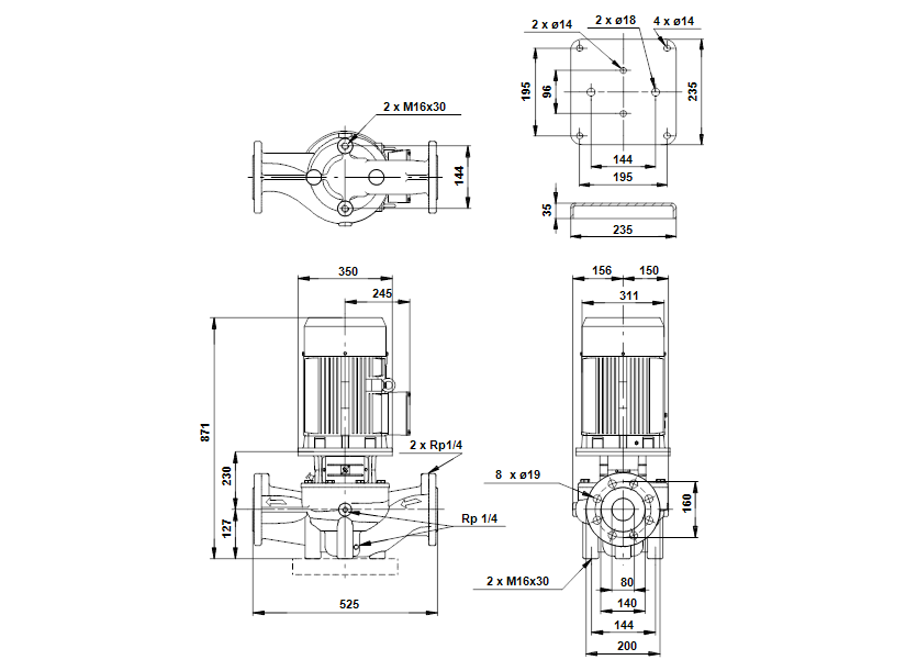 Габаритные размеры насоса Grundfos LP 80-200/202 A-J-A-BBUE артикул: 48669548