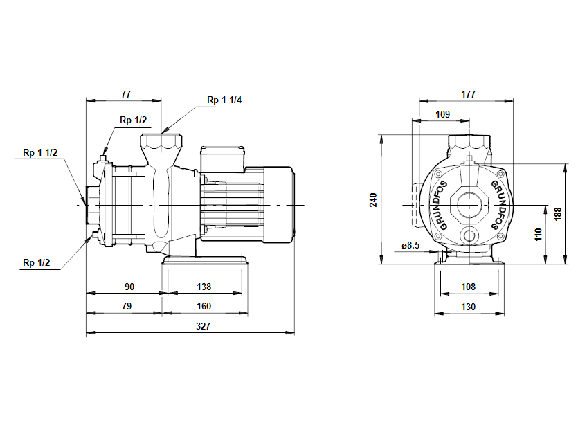 Габаритные размеры насоса Grundfos CH 8-20 A-W-A-CVBE артикул: 4N503210 Габаритные размеры насоса Grundfos CH 8-20 A-W-A-CVBE артикул: 4N503210