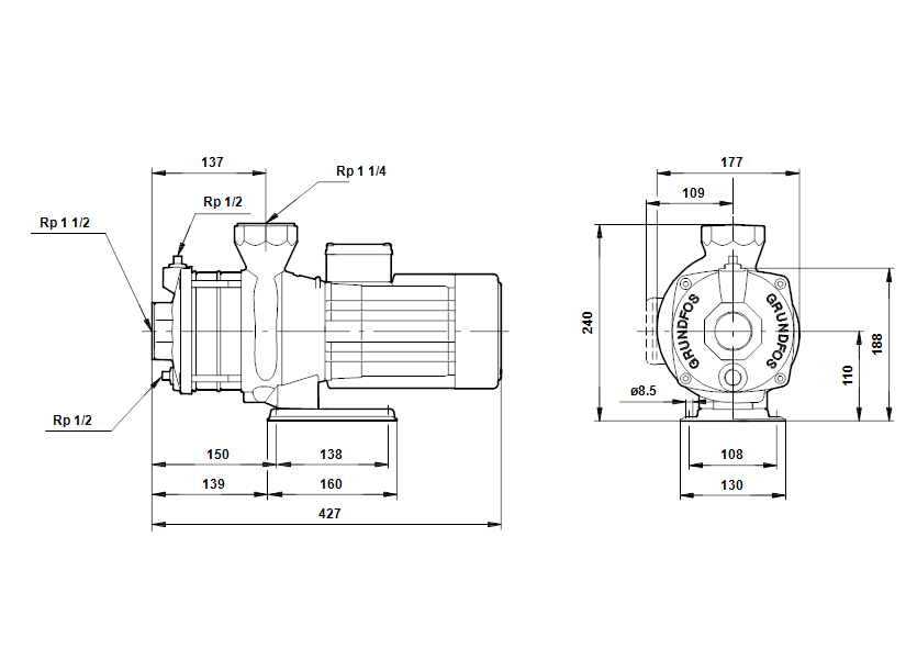Габаритные размеры насоса Grundfos CH 8-60 A-W-A-CVBV артикул: 4N553230 Габаритные размеры насоса Grundfos CH 8-60 A-W-A-CVBV артикул: 4N553230
