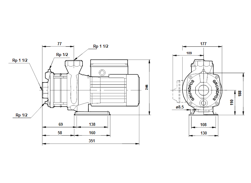 Габаритные размеры насоса Grundfos CH 12-20 A-W-A-CVBE артикул: 4P502110