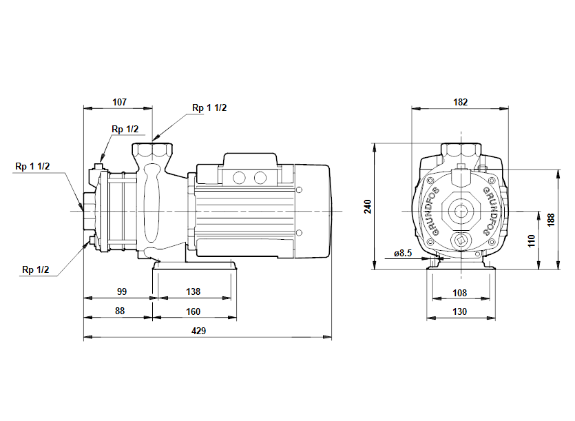 Габаритные размеры насоса Grundfos CH 12-40 A-W-A-CVBE артикул: 4P503220
