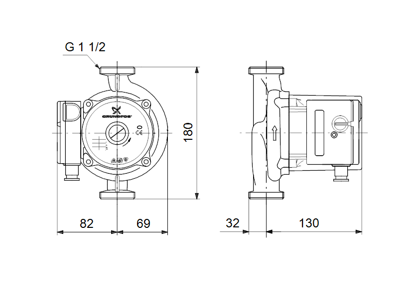 Габаритные размеры насоса Grundfos UPS 25-125 180 1x230V 50Hz 9H артикул: 52588344 Габаритные размеры насоса Grundfos UPS 25-125 180 1x230V 50Hz 9H артикул: 52588344