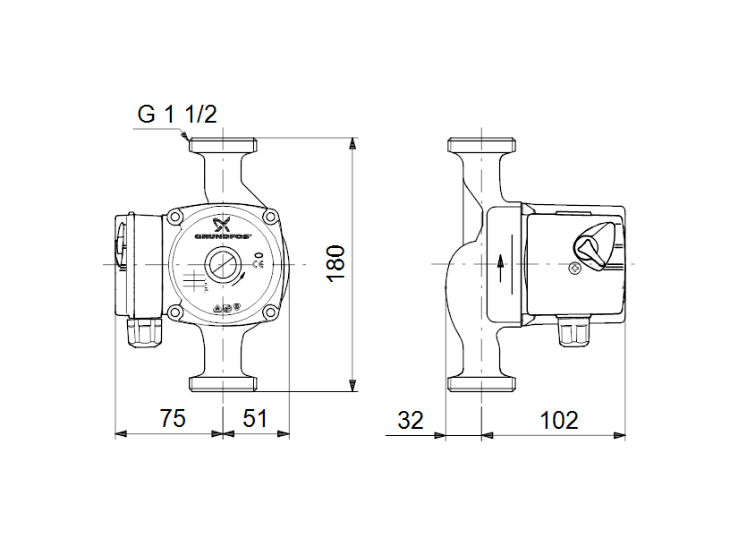 Габаритные размеры насоса Grundfos UPS 25-30 180 1x230V 50Hz 9H артикул: 59543000