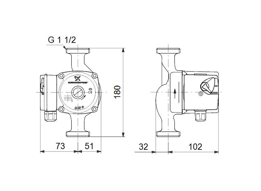 Габаритные размеры насоса Grundfos UPS 25-50 180 3x400V 50Hz 9H артикул: 59545800