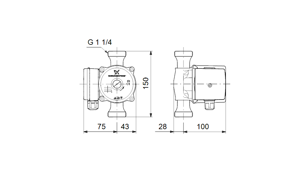 Габаритные размеры насоса Grundfos UP 20-15 N 150 1x230V 50Hz 9H артикул: 59641500