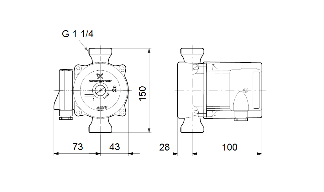 Габаритные размеры насоса Grundfos UP 20-30 N 150 3x400V 50Hz 9H артикул: 59643800