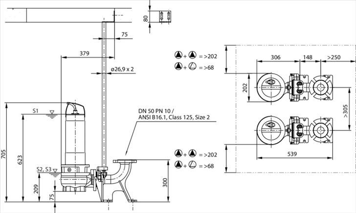 Габаритные размеры насоса Wilo REXA FIT V05DA-222/EAD1-2-T0025-540-A артикул: 6064588()