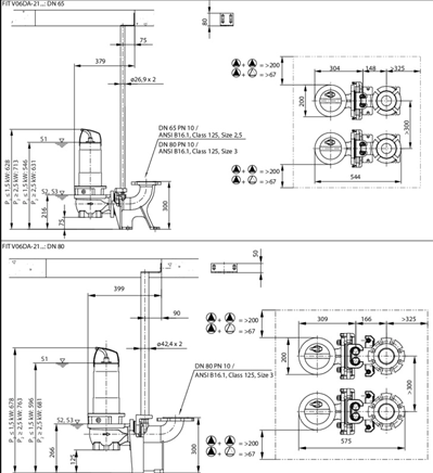 Габаритные размеры насоса Wilo REXA FIT V06DA-216/EAD1-2-T0025-540-A артикул: 6064704()