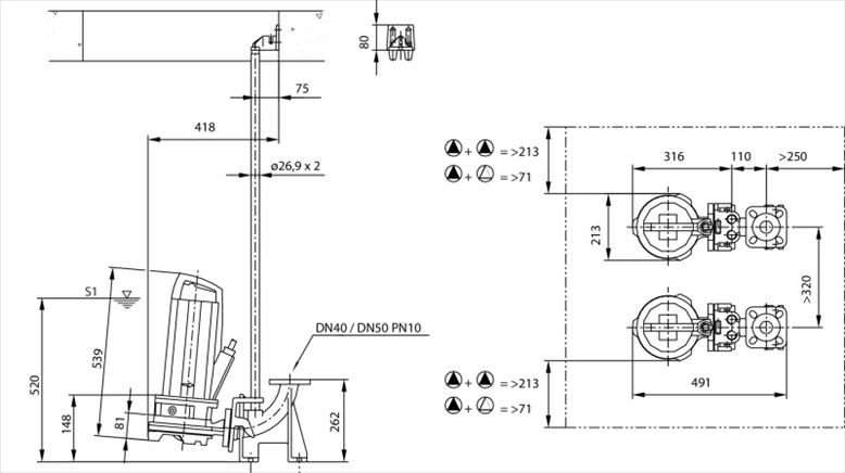 Габаритные размеры насоса Wilo REXA CUT GE03.25/P-T25-2-540X 20m артикул: 6079714()