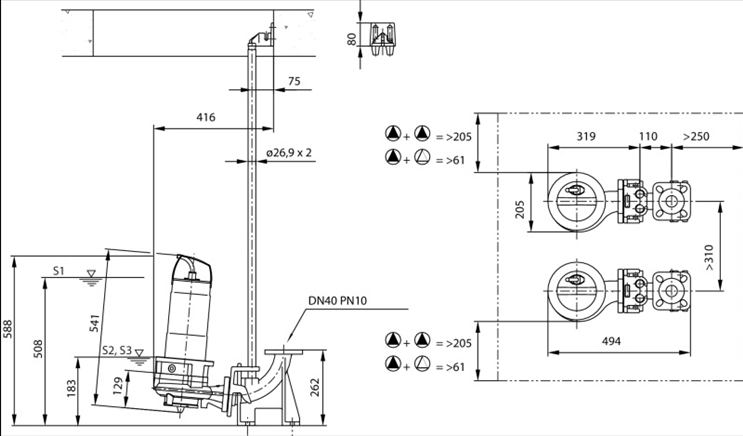 Габаритные размеры насоса Wilo REXA CUT GI03.31/S-T15-2-540 артикул: 6080483()