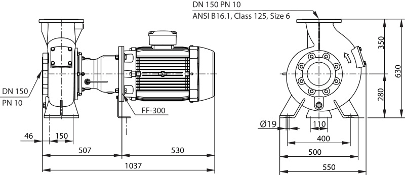 Габаритные размеры насоса Wilo REXA BLOC RE15.84D‐275DAH160L6 артикул: 6085275()