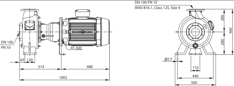Габаритные размеры насоса Wilo REXA BLOC RE10.44W-220DAH160M4 артикул: 6085280((6079744))