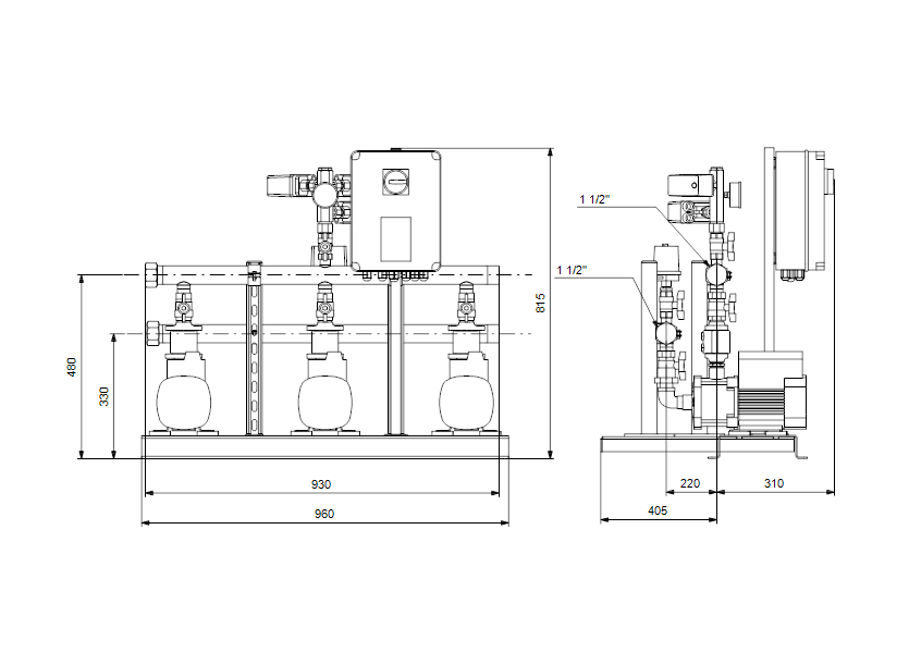 Габаритные размеры насоса Grundfos Hydro Multi-S 3 CM 3-8 3x400V 50Hz DOL артикул: 91047088