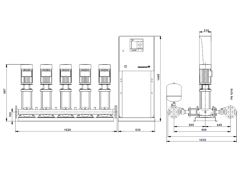 Габаритные размеры насоса Grundfos Hydro MPC-S 5 CR 15-5 U4 D-B-A-GHV артикул: 95044777