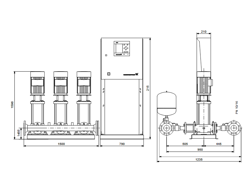 Габаритные размеры насоса Grundfos Hydro MPC-S 3 CR 32-7 U4 D-C-A-GHV артикул: 95044825
