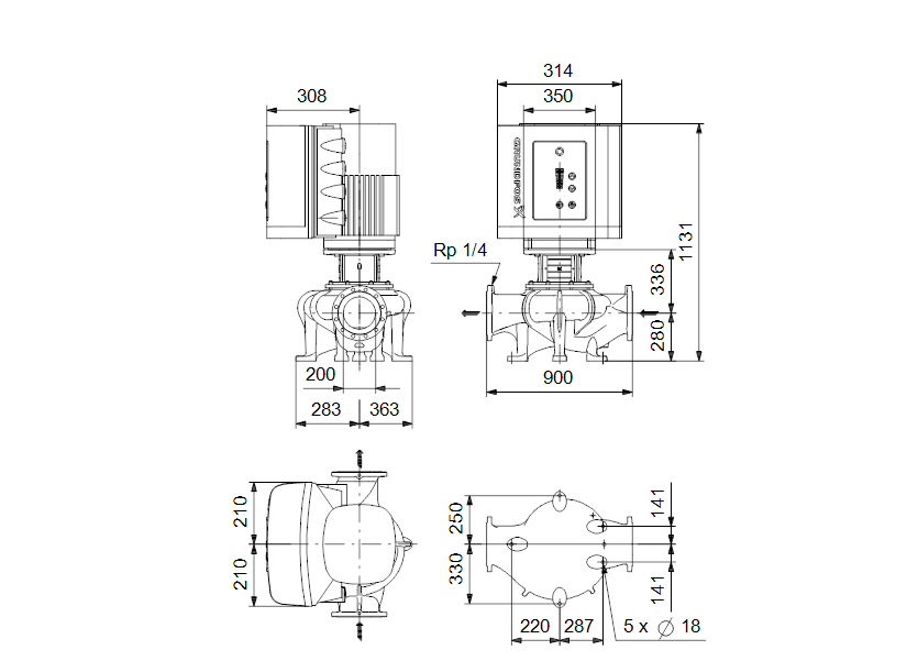 Габаритные размеры насоса Grundfos TPE 200-130/4-S-A-F-A-BAQE 3X400 50HZ артикул: 95046229
