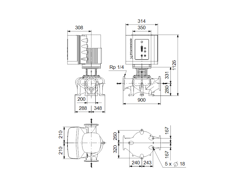 Габаритные размеры насоса Grundfos TPE 200-160/4-A-F-A-BAQE 3X400 50HZ артикул: 95046234