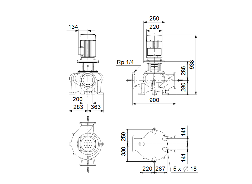 Габаритные размеры насоса Grundfos TP 200-50/4 A-F-A-BAQE артикул: 95046272