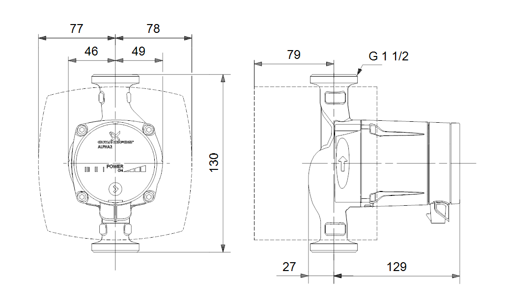 Габаритные размеры насоса Grundfos ALPHA2 L 25-60 130 1x230V 50Hz 6H RU артикул: 95047563