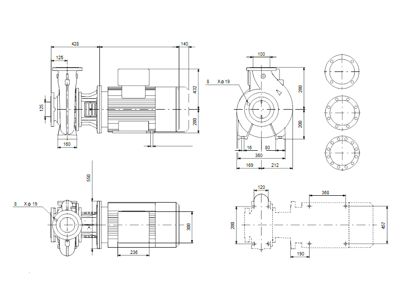 Габаритные размеры насоса Grundfos NB 100-200/219 A-F-A-E-BAQE артикул: 95109692