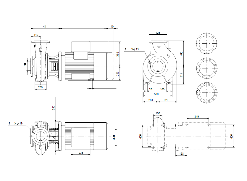 Габаритные размеры насоса Grundfos NB 125-400/392 A-F2-A-E-BAQE артикул: 95109808