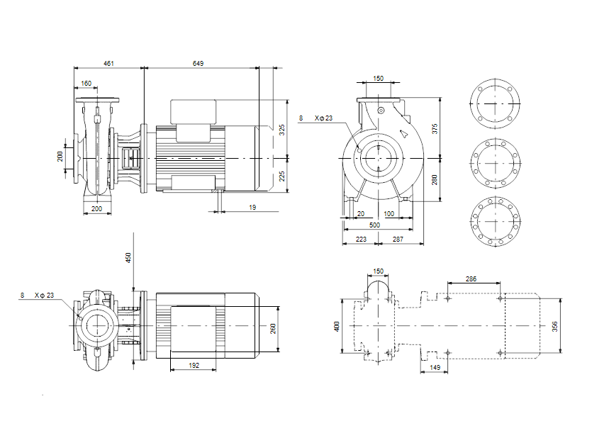 Габаритные размеры насоса Grundfos NB 150-250/284 A-F-A-BAQE артикул: 95109823