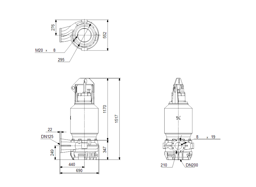 Габаритные размеры насоса Grundfos S1.100.125.300.4.62M.H.314.G.N.D.511 артикул: 95113241