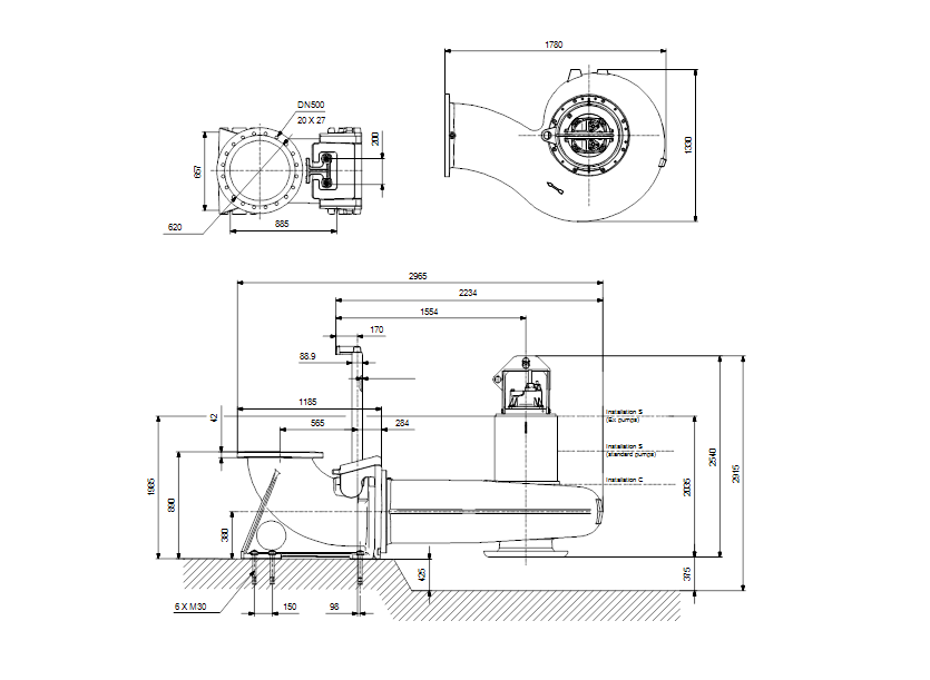 Габаритные размеры насоса Grundfos S3.135.500.1800.6.72L.S.500.G.EX.D.518 артикул: 95114620