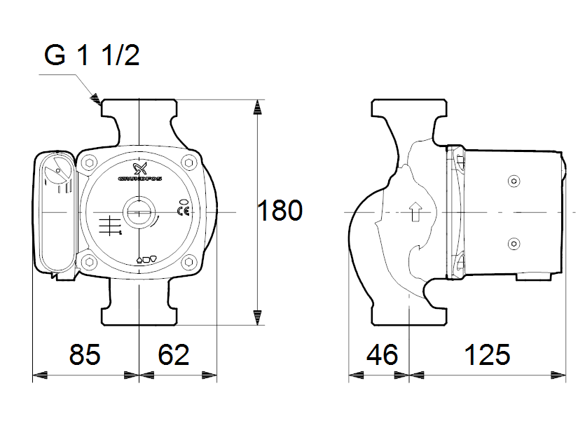 Габаритные размеры насоса Grundfos UPS 25-55 180 1x230V 50Hz 9H артикул: 95906404