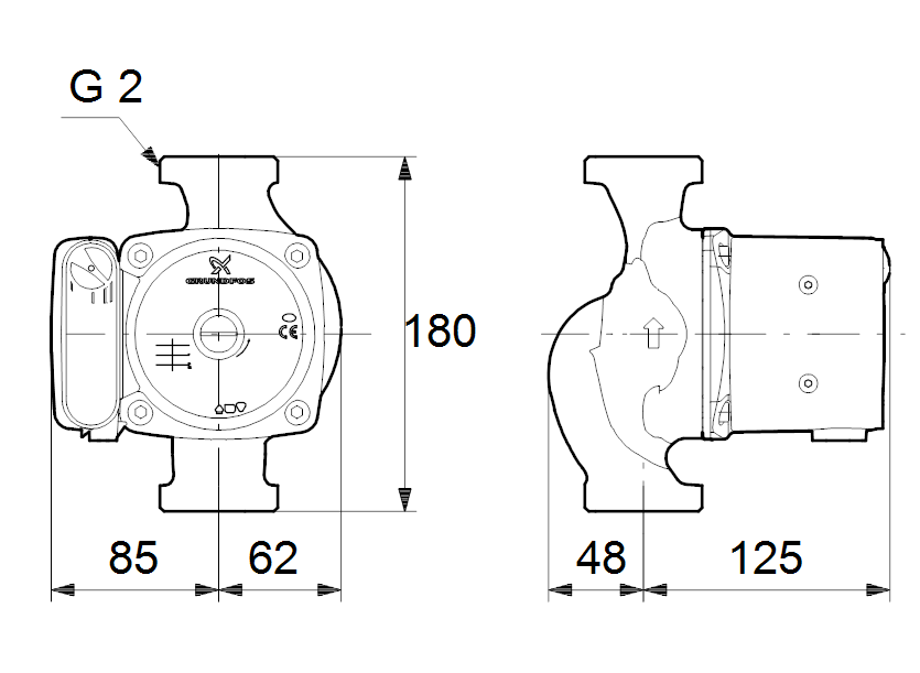 Габаритные размеры насоса Grundfos UPS 32-55 180 1x230V 50Hz 9H артикул: 95906409