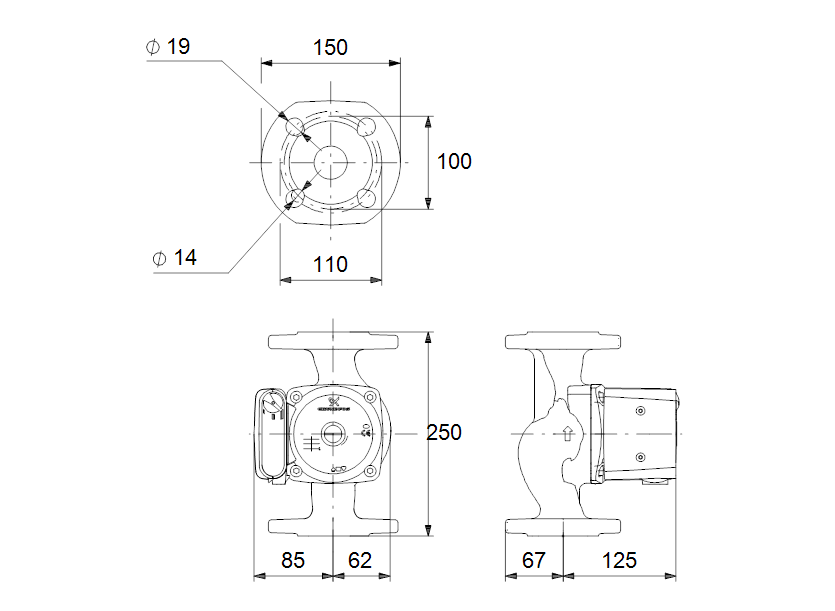 Габаритные размеры насоса Grundfos UPS 40-50 F 250 1x230V 50Hz 9H PN6/10 артикул: 95906420