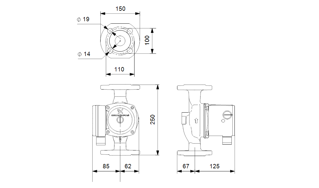 Габаритные размеры насоса Grundfos UPS 40-50 FN 250 1x230V 50Hz 9H PN6/10 артикул: 95906422