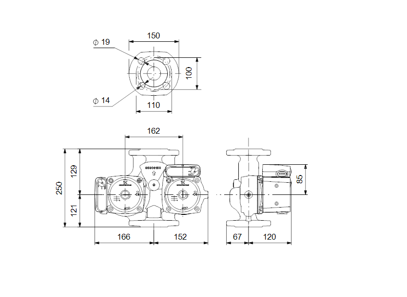 Габаритные размеры насоса Grundfos UPSD 40-50 F 250 1x230V 50Hz 12H PN6/10 артикул: 95906423