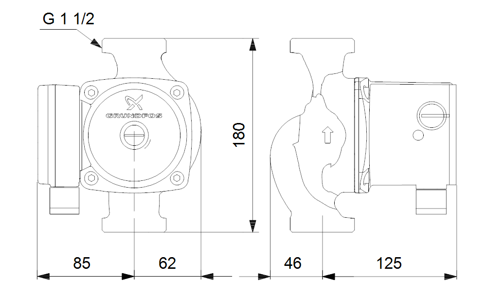 Габаритные размеры насоса Grundfos UPS  25-80 N 180 1x230 50Hz 9H артикул: 95906439