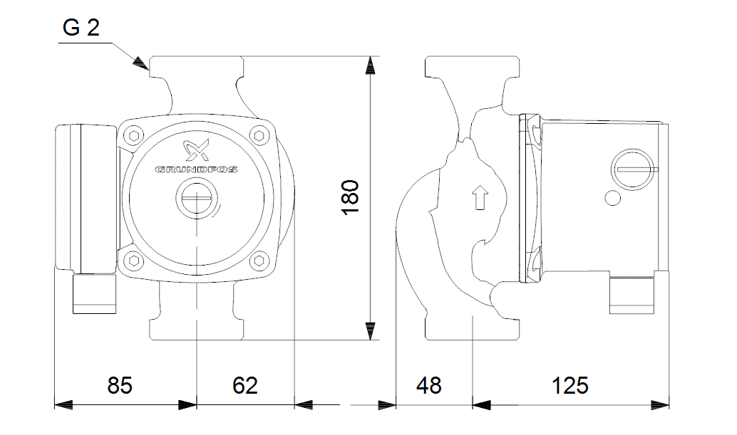 Габаритные размеры насоса Grundfos UPS 32-80 N 180 1x230V 50Hz 9H артикул: 95906448