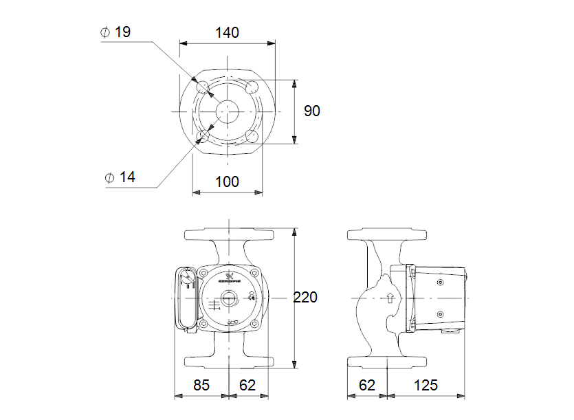 Габаритные размеры насоса Grundfos UPS 32-80 F 220 1x230V 50Hz 9H PN6/10 артикул: 95906458