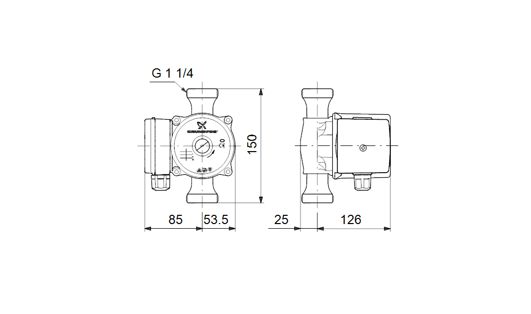 Габаритные размеры насоса Grundfos UP 20-45 N 150 1x230V 50Hz 9H артикул: 95906472