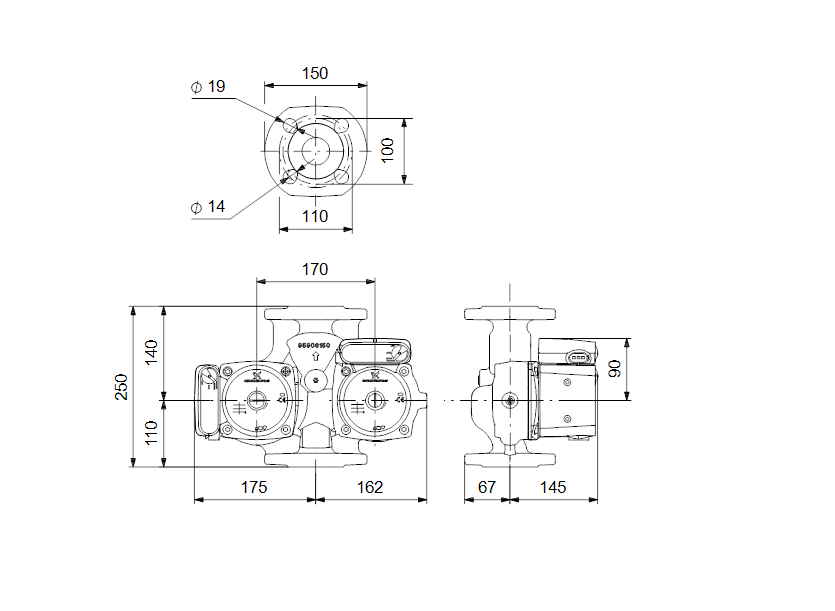 Габаритные размеры насоса Grundfos UPSD 40-100 F 250 1x230V 50Hz 12H PN 10 артикул: 95906487