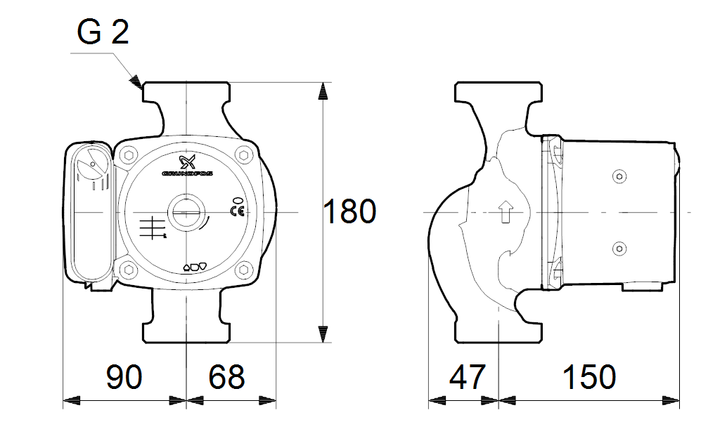 Габаритные размеры насоса Grundfos UPS 32-100 N 180 1x230V 50Hz 9H артикул: 95906489