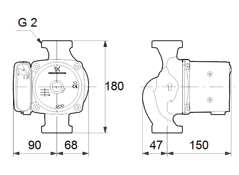 Габаритные размеры насоса Grundfos UPS 32-100 180 1x230V 50Hz 9H артикул: 95906500