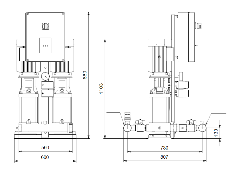 Габаритные размеры насоса Grundfos Hydro Multi-S 2 CR 15-7 3X400/50 DL артикул: 95922793
