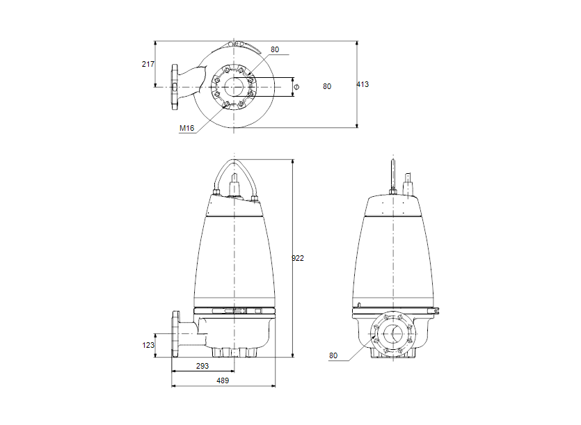 Габаритные размеры насоса Grundfos SEV.80.80.92.Ex.2.51D артикул: 96047204